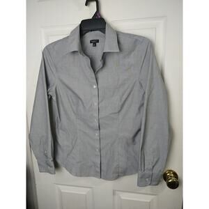 Talbots Woman 10 Shirt fitted Grey V Neck Collared Button Prof Core Long Sleeve